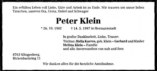 Klein Peter 1902-1987 Todesanzeige